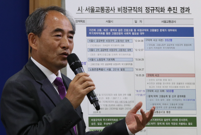 윤준병 서울시 행정1부시장이 24일 서울시청 브리핑룸에서 서울교통공사의 채용비리 의혹과 관련한 기자회견을 하고 있다. /연합뉴스