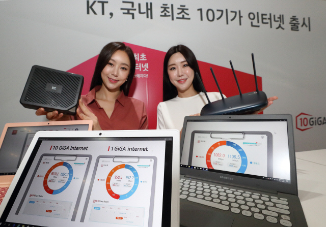 KT모델들이 31일 서울 중구 KT본사에서 열린 10기가 인터넷 출시 기자간담회에서 신규 인터넷서비스를 홍보하고 있다./사진제공=KT