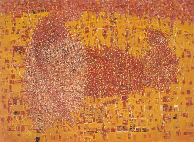 김흥수 ‘가을’. 1961년에 198x260cm 캔버스에 그린 대형 유화. 노랑과 빨강이 혼합돼 무르익은 가을 분위기를 전하는 그림 안에서 여인의 모습도 찾아낼 수 있다. /사진제공=국립현대미술관