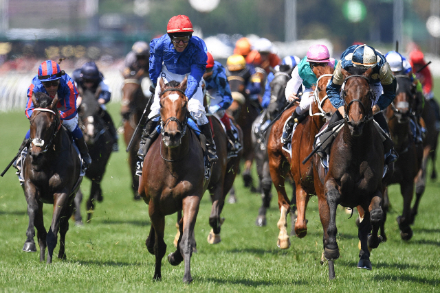 epa07144181 Australian jockey Kerrin McEvoy rides Cross Counter (C) to victory in race seven of the Lexus Melbourne Cup, as part of the Melbourne Cup Carnival, at Flemington Racecourse in Melbourne, Victoria, Australia, 06 November 2018.  EPA/JULIAN SMITH AUSTRALIA AND NEW ZEALAND OUT  EDITORIAL USE ONLY      <저작권자(c) 연합뉴스, 무단 전재-재배포 금지>