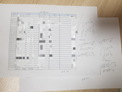 여자컬링 선수들이 감독 등 지도자들의 폭언과 전횡 등을 폭로한 것과 관련해 장반석 경북체육회 감독이 사실과 다르다고 반박했다. 상금을 팀 비용으로 사용한 내역에 팀 킴 선수들이 서명한 서류./장반석 감독 제공