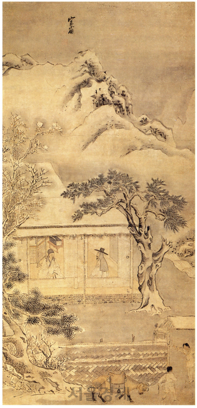 조선시대 화가 조영석이 그린 ‘설중방우도’. 선비들이 고고한 분위기의 서재를 배경으로 지적 토론을 즐기고 있다.   /사진제공=푸른역사