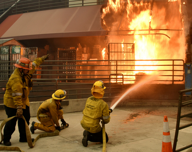 9일(현지시간) 미국 남부 캘리포니아주의 부촌인 말리부를 덮친 대형산불 울시파이어를 끄기 위해 소방대원들이 물을 뿌리고 있다.  /말리부=로이터연합뉴스