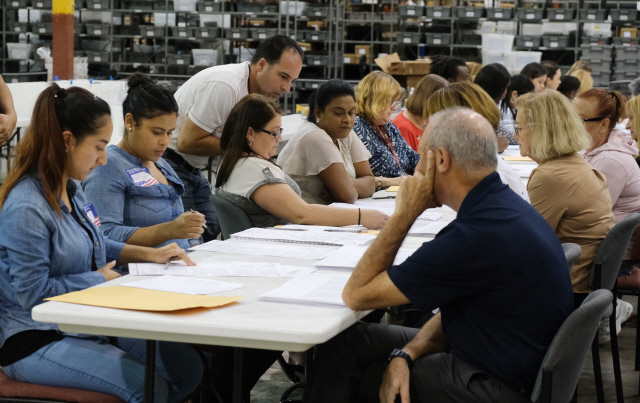 12일(현지시간) 미국 플로리다주 리비에라비치에서 팜비치카운티 선거관리위원회 소속 직원들이 투표 용지를 살펴보고 있다./리비에라비치=UPI연합뉴스