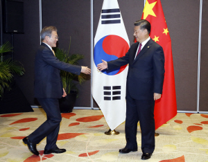 문재인 대통령과 시진핑 중국 국가주석이 17일 파푸아뉴기니에서 만나 악수를 하고 있다. /연합뉴스