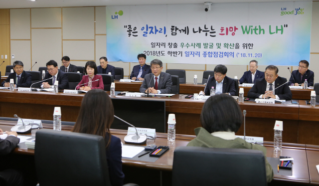 박상우(가운데) 한국토지주택공사(LH) 사장이 지난 20일 LH 본사에서 ‘2018년도 하반기 일자리 종합점검회의’를 열어 진행하고 있다. 박 사장은 “좋은 일자리를 지속적으로 창출하겠다”고 밝혔다. /사진제공=LH