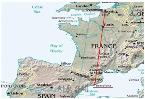 들랑브르와 메셍은 6년 간 덩케르크에서 바로셀로나까지 파리를 지나는 자오선을 따라 약 1,000km를 측량했다. /사진제공=표준연