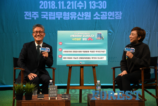 김재현(사진 왼쪽) 산림청장이 청문청답에서 청년들의 질문에 답하고 있다. 사진제공=산림청