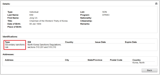 미국 재무부 해외자산통제실이 최근 대북제재 리스트에 ‘Secondary Sanctions Risk’ 문구를 넣었다. 자료:OFAC 웹사이트 캡처