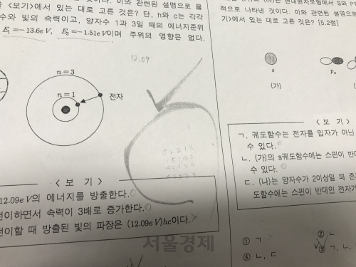 시험 정답 유출 의혹을 받는 숙명여고 쌍둥이의 물리 과목 정기고사 시험지에 작은 글씨로 전체 정답이 메모되어 있다./사진제공=서울 수서경찰서