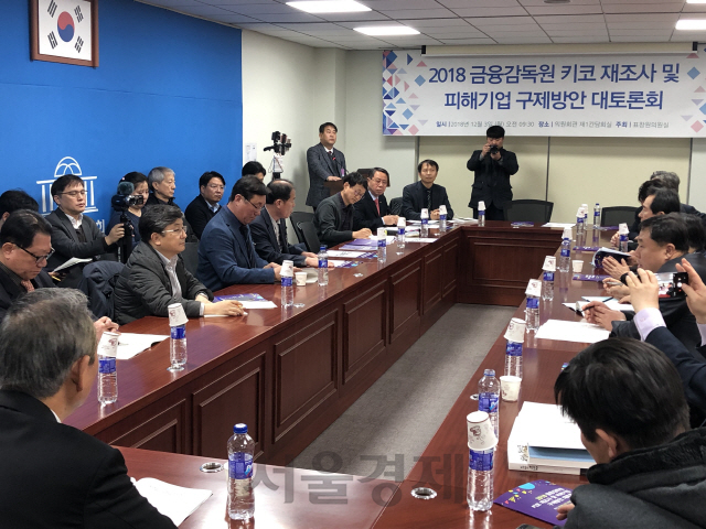 3일 오전 여의도 국회의원회관에서 열린 ‘2018 금융감독원 키코 재조사 및 피해기업 구제방안 대토론회’에 참석한 피해기업 대표들과 교수, 국회의원들이 열띤 토론을 벌이고 있다. /서민우기자