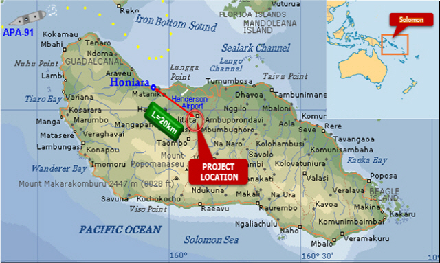 한국수자원공사가 2억1,100만달러(약 2,400억원)규모로 계약한 ‘솔로몬제도 티나강 수력발전사업’ 위치도./수자원공사