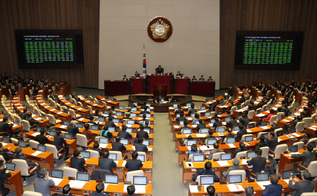 8일 새벽 국회 본회의장에서 열린 본회의에서 2019년 예산안이 통과된 후 투표결과가 상황판에 표시되고 있다./사진=연합뉴스