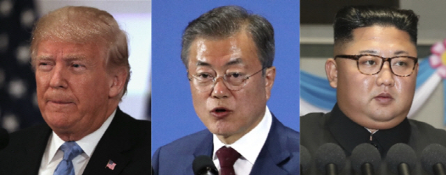 트럼프(왼쪽부터) 미국 대통평, 문재인 대통령, 김정은 북한 국무위원장의 모습. /서울경제DB
