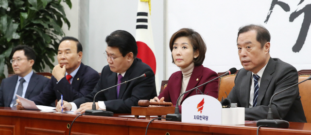 김병준(오른쪽) 자유한국당 비상대책위원장이 13일 오전 국회에서 열린 비상대책위원회의에서 발언하고 있다. /연합뉴스