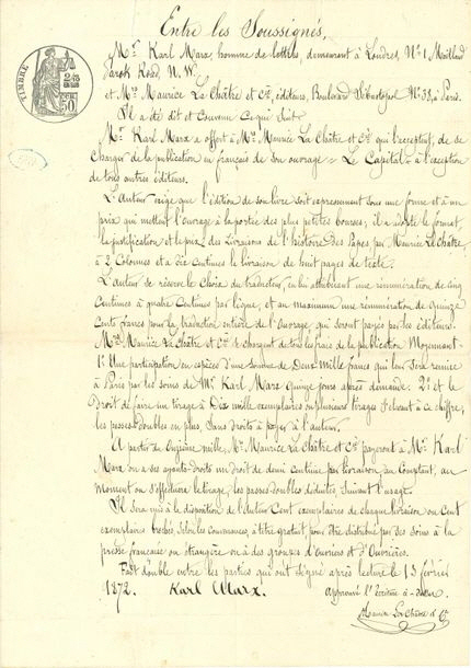 칼 마르크스가 프랑스어판 자본론을 출간할 당시 서명한 계약서 /아데르 노드만 홈페이지 캡처