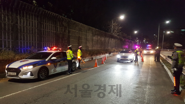 12일 오후10시께 서울 서초구 서초IC 인근에서 서초경찰서 교통 경찰들이 음주운전 단속을 하고 있다./서종갑기자