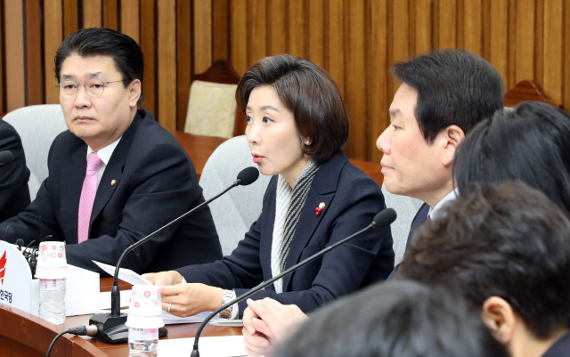 자유한국당 나경원 원내대표가 18일 국회에서 열린 원내대책회의에서 발언하고 있다. /연합뉴스