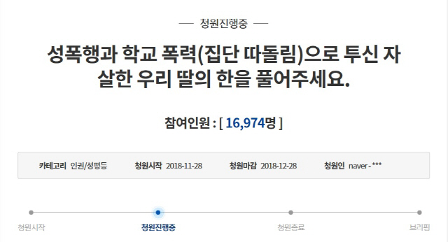 지난달 28일 피해자의 아버지는 청와대 국민청원 게시판에 딸의 한을 풀어달라는 글을 올렸다. 18일 오전 1만 6,000명이 넘는 시민들이 서명에 동참하고 있다. / [청와대 국민청원 게시판 캡처]