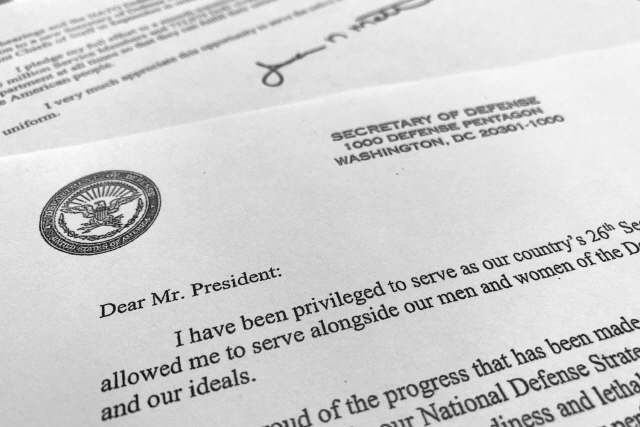 제임스 매티스 미국 국방장관이 트럼프 대통령에게 보낸 사퇴 서한.  /AP연합뉴스