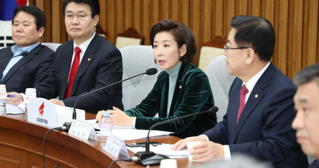 나경원 자유한국당 원내대표가 28일 오전 국회에서 열린 경제비상상황선언회의에서 발언하고 있다./연합뉴스