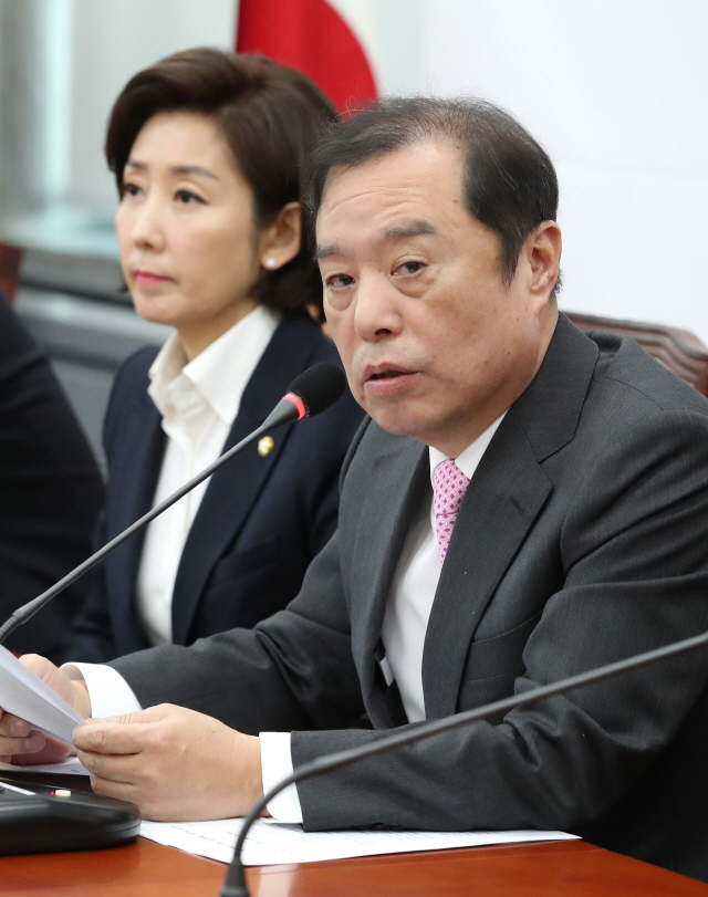 김병준(오른쪽) 자유한국당 비상대책위원장이 31일 오전 국회에서 열린 비상대책위원회의에서 발언하고 있다./연합뉴스