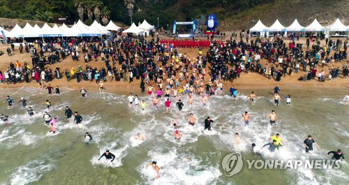 1일 제주 서귀포시 중문색달해수욕장에서 열린 서귀포 겨울바다 펭귄수영대회에서 참가자들이 바다로 뛰어들고 있다./연합뉴스