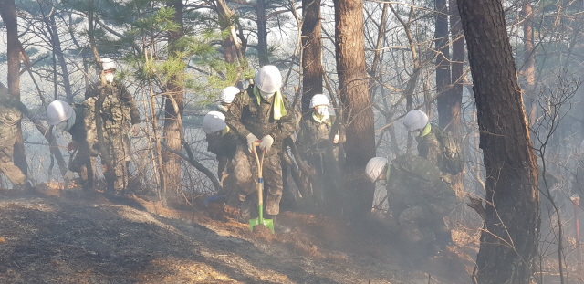 2일 강원도 양양군 서면 송천리 산불현장에 투입된 육군 8군단 장병들이 잔불 정리를 하고 있다. /양양=연합뉴스