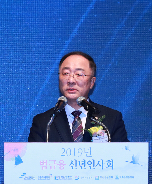 3일 오후 서울 소공동 롯데호텔에서 열린 2019년 범금융 신년인사회에서 홍남기 경제부총리 겸 기획재정부 장관이 신년사를 하고 있다./연합뉴스