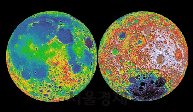 지구 쪽 달의 앞면(왼쪽)과 뒷면. 흰색과 붉은색은 고도가 높고 녹색과 푸른색은 고도가 낮은 곳이다. /NASA