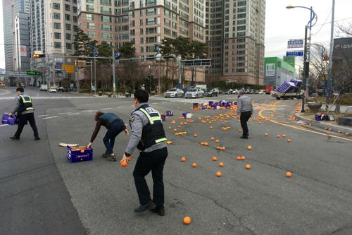 10일 신고를 받고 출동한 부산 경찰이 도로에 떨어진 오렌지를 줍고 있다. /연합뉴스