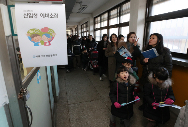 서울 공립초등학교 신입생 예비소집일인 8일 오후 서울 용산구 신용산초등학교에서 예비 초등학생과 학부모들이 입장을 기다리고 있다. /연합뉴스