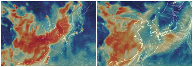 미세먼지가 주춤한 16일 세계 기상 정보를 시각화해 나타내는 비주얼 맵인 어스널스쿨로 확인한 이날 오전 한반도의 초미세먼지 대기상황(오른쪽). 미세먼지 비상저감조치가 사흘째 발령된 지난 15일 대기상황(왼쪽)에 비해 미세먼지를 나타내는 붉은 색이 한반도 지역에서 사라져있다./어스널스쿨 홈페이지 캡처=연합뉴스