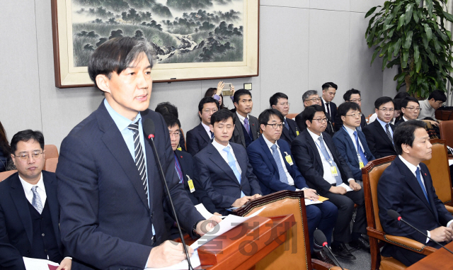 조국 민정수석이 지난 31일 서울 여의도 국회에서 열린 운영위원회에서 업무보고를 하고 있다./권욱기자