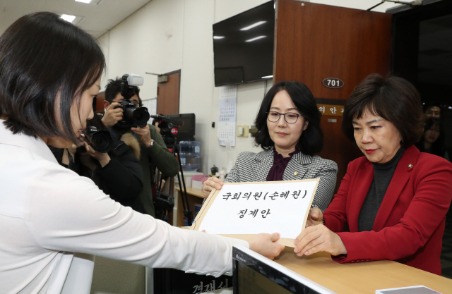 17일 오후 자유한국당 김현아(왼쪽), 김순례 의원이 국회 의안과에 민주당 손혜원 의원에 대한 국회윤리위 징계요구안을 제출하고 있다./ 연합뉴스