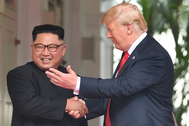 지난해 6월12일 싱가포르에서 세기의 정상회담을 진행한 도널드 트럼프(오른쪽) 미국 대통령과 김정은 북한 국무위원장. /AFP연합뉴스