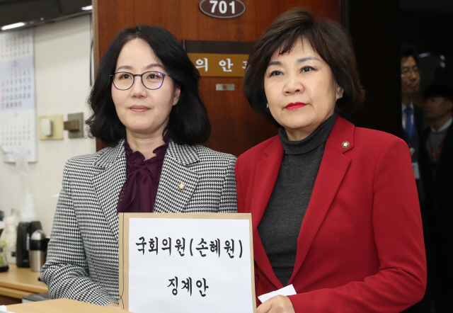 김현아(왼쪽), 김순례 자유한국당 의원이 17일 국회 의안과에 손혜원 더불어민주당 의원에 대한 국회 윤리위원회 징계요구안을 제출하고 있다./연합뉴스