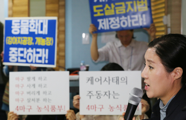 19일 기자회견을 통해 안락사 논란을 해명하는 박소연 케어 대표 / 연합뉴스
