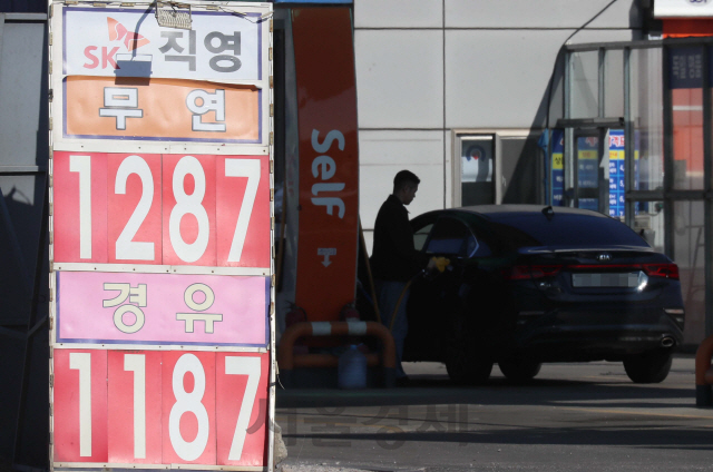 유류세 인하 이후 국제 유가까지 큰 폭으로 떨어지면서 휘발유 가격이 32개월 만에 가장 낮은 수준을 보인 가운데 지난 6일 서울 강서구의 한 주유소 휘발유 가격이 서울지역 최저가인 1287원을 가리키고 있다./권욱기자