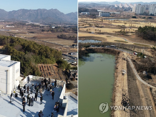 24일 광주와 전남 나주시 한전공대 각 후보지에서 한전공대 입지 선정 심사위원의 현장실사가 진행되고 있다. 사진은 광주 북구 첨단산단 3지구(왼쪽)와 전남 나주시 부영CC 후보지에서 현장실사가 진행되는 모습./연합뉴스