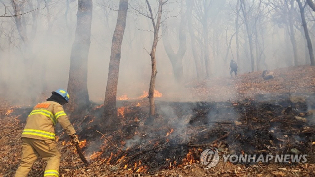 28일 오후 부산 기장군 철마면 소산마을 뒤편 야산에서 불이 나 소방대원들이 진화하고 있다./연합뉴스