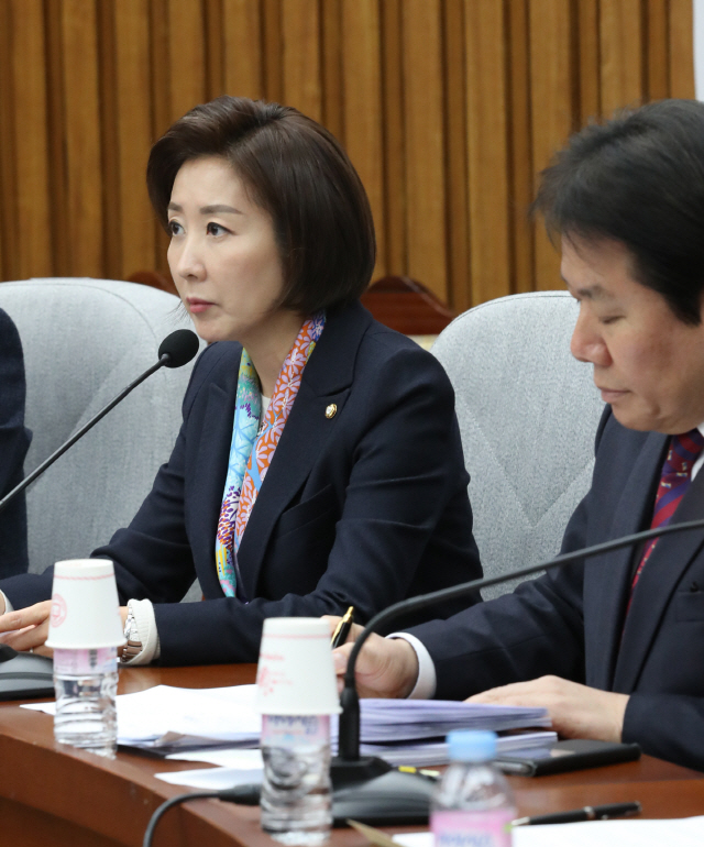 29일 자유한국당 나경원 원내대표(왼쪽)가 국회에서 열린 원내대책회의에서 발언하고 있다. /연합뉴스