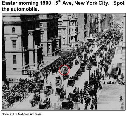 1900년 미국 뉴욕 맨해튼 5번가에서 자동차 한 대가 보이는 모습.