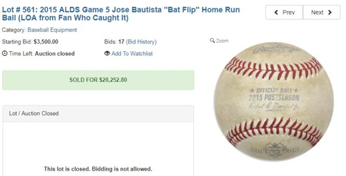 미국 경매회사 릴랜드는 3일(현지시간) 호세 바티스타의 홈런공이 경매에서 2만8,252달러에 낙찰됐다고 밝혔다./연합뉴스=릴랜드 홈페이지 캡처