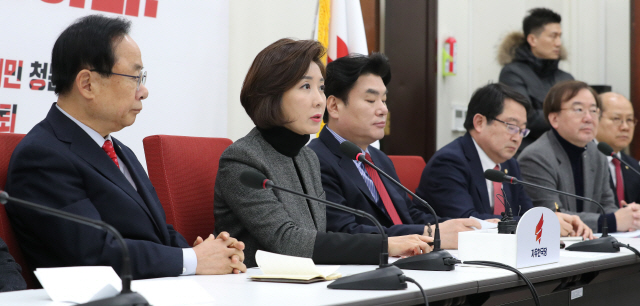 나경원(왼쪽 두번째) 자유한국당 원내대표가 6일 국회에서 열린 북핵외교안보특별위원회 회의에서 발언하고 있다. /연합뉴스