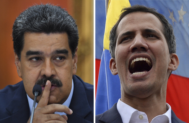 니콜라스 마두로(왼쪽) 베네수엘라 대통령과 스스로 베네수엘라 임시 대통령임을 선언한 후안 과이도 국회의장   /AFP연합뉴스