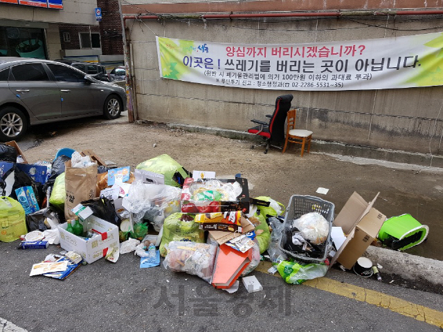설 연휴 마지막 날인 6일 오전 서울 성동구 회기동 한 주택가 도로변에 각종 쓰레기가 무단으로 버려져 있다./권혁준기자
