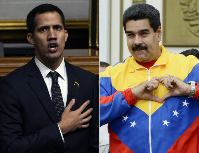 니콜라스 마두로(오른쪽) 베네수엘라 대통령과 임시 대통령을 선언한 후안 과이도 국회의장/AFP연합뉴스