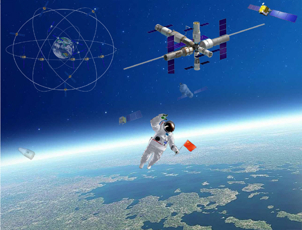 중국 연구원이 국기를 들고 우주 공간에서 손을 흔드는 이미지. /중국우주기술연구원 홈페이지 캡처