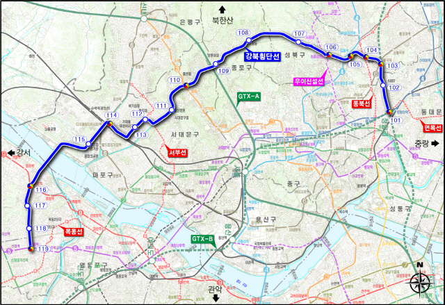 서울시가 20일 발표한 제2차 10개년 도시철도망 구축계획(안) 중 강북횡단선 노선도. /서울시 제공=연합뉴스